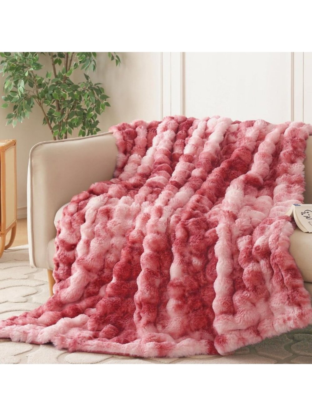Cozy Soft Bubble Faux Fur Throw Blanket, 50"x60", Tie-Dye Magenta, Perfect for